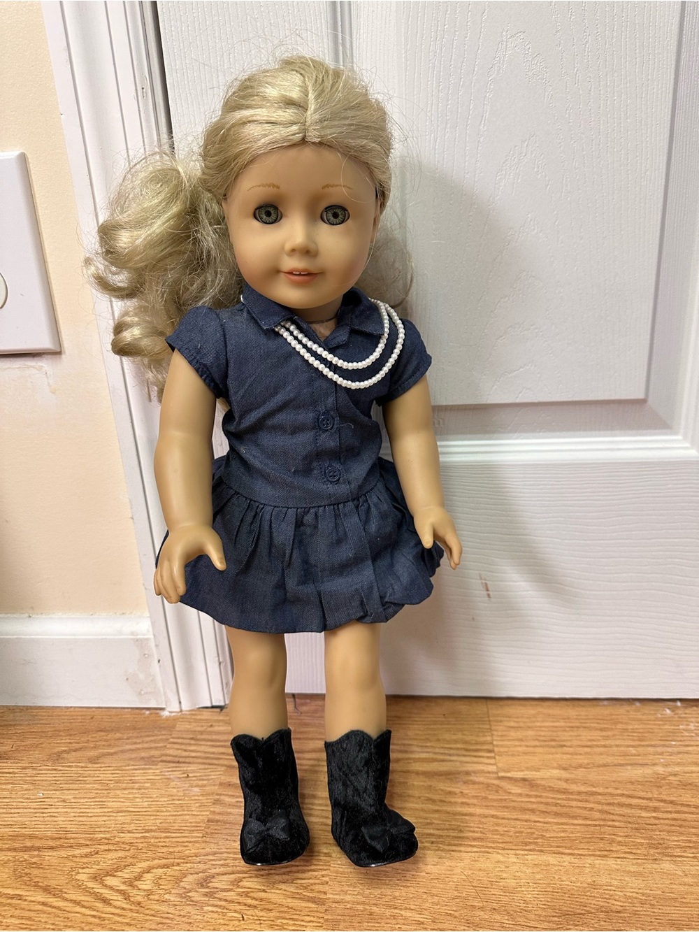 American Girl Navy Dress with White Pearl Necklace and Black Boots